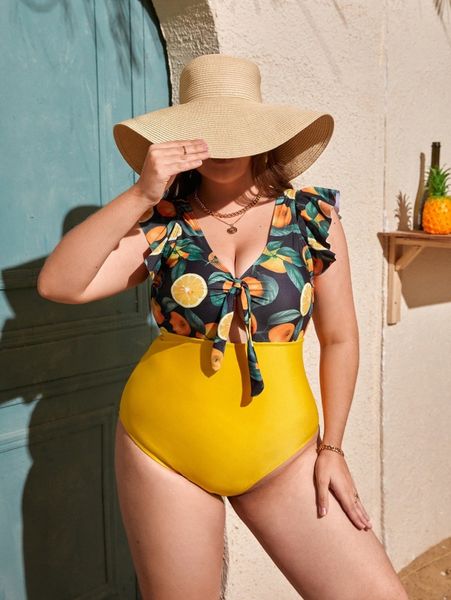 

plus lemon print knot one piece swimsuit w9kt#, Black