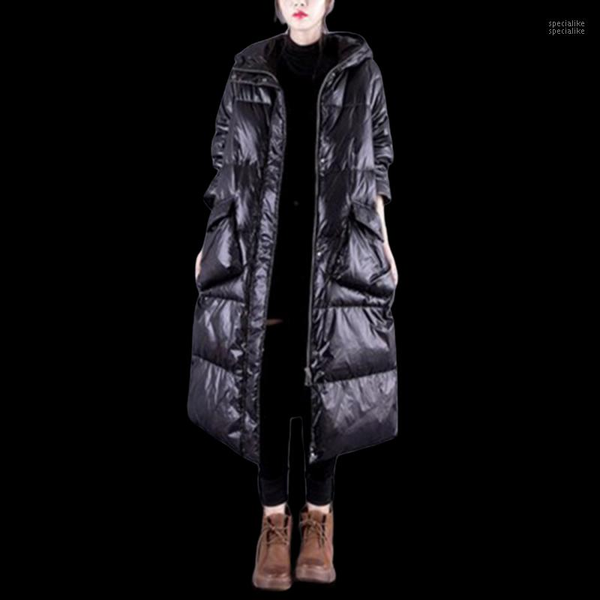

black glossy jacket coat winter warm down parka jacket woman white duck down coats winter loose overcoat womens hooded coat1