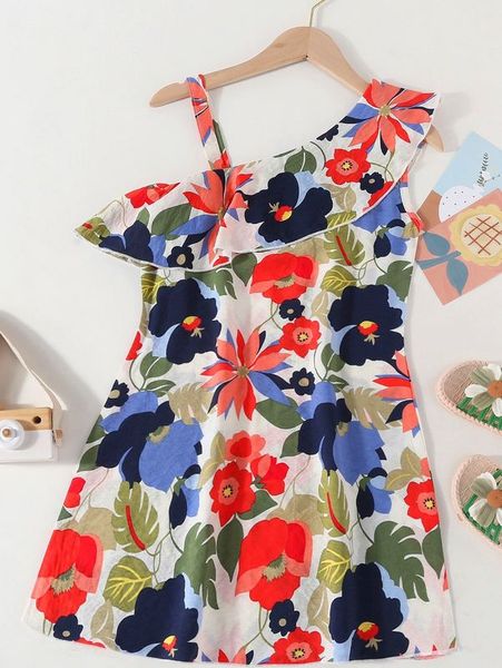 

girls floral print asymmetrical neck ruffle trim dress she, Red;yellow