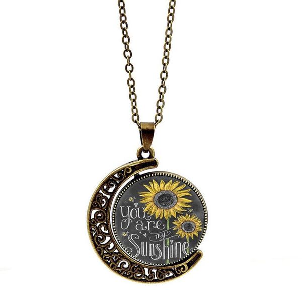 

sunshine sunflower necklace double-sided round you are my charm pendant necklace crescent moon jewelry, Silver