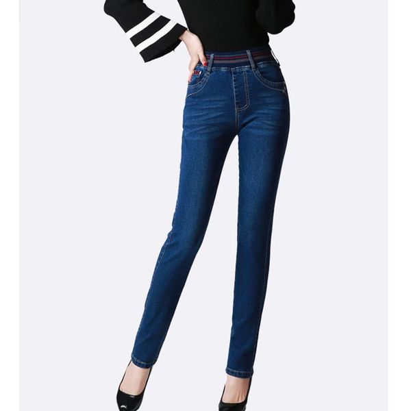 

women's jeans autumn winter mother high waist stretch woman pants loose straight slim fit plus size elastic trousers women, Blue