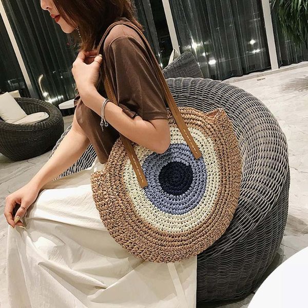 

round straw beach bag vintage handmade woven shoulder bag circle rattan bags bohemian summer vacation travel big bags tote hot
