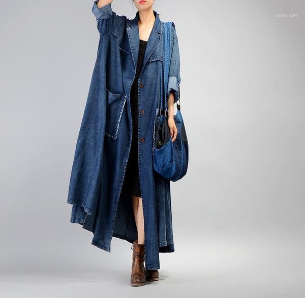 

women plus size loose irregular denim trench coat ladies patchwork retro vintage pockets overcoat outwear female coat trench1, Tan;black