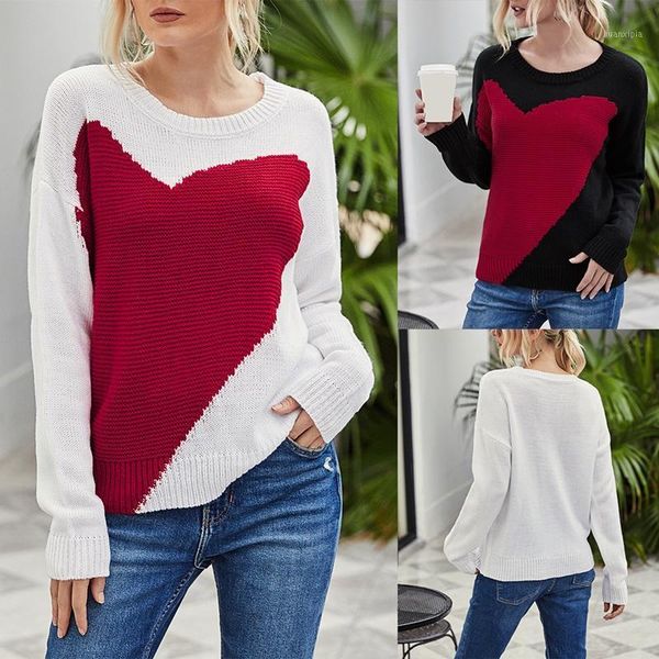 

autumn winter long-sleeved solid color round neck sweater heart-shaped ladies knitted base sweater1, White;black
