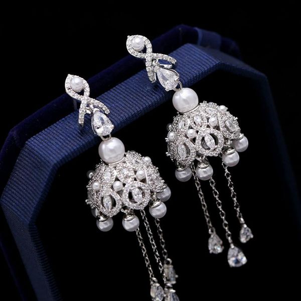 

cubic zirconia imitation pearl fashion jewelry vintage trendy tassel earrings for women, Silver