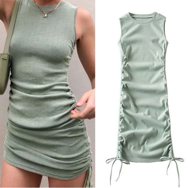 

wind round neck side pleated drawstring elastic slim dress women's solid color bottomed vest hip skirt, Black;gray