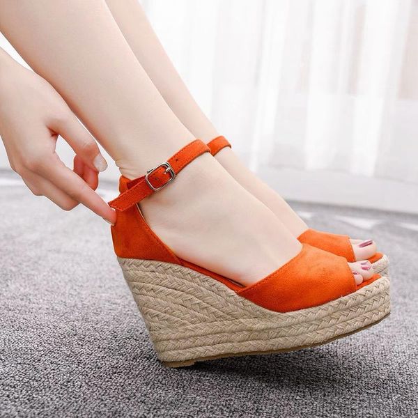 

plus size bohemian women sandals ankle strap straw platform wedges for female shoes flock high heels cover heel sandal, Black