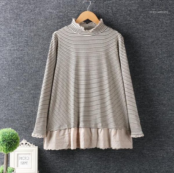 

2020 mori girl lacing hem patchwork striped turtleneck long sleeve cotton t-shirt tee zm1, White