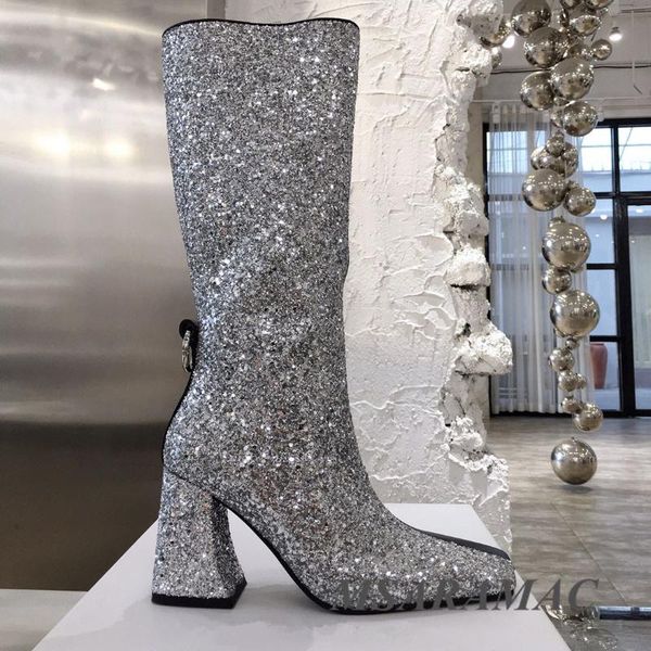 

boots fashion slim sequin cloth stitching square heel long leather toe ankle winter street ladies shiny party shoes, Black