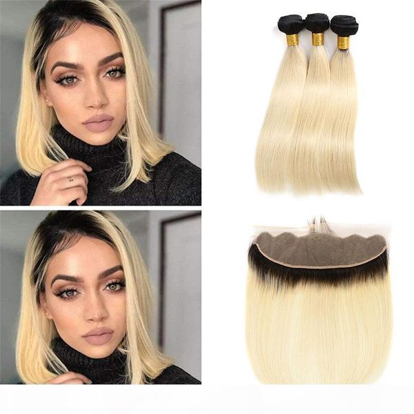 

brazilian honey blonde ombre human hair bundles deals with lace frontal closure straight 1b 613 13x4 full lace frontal with weaves, Black;brown