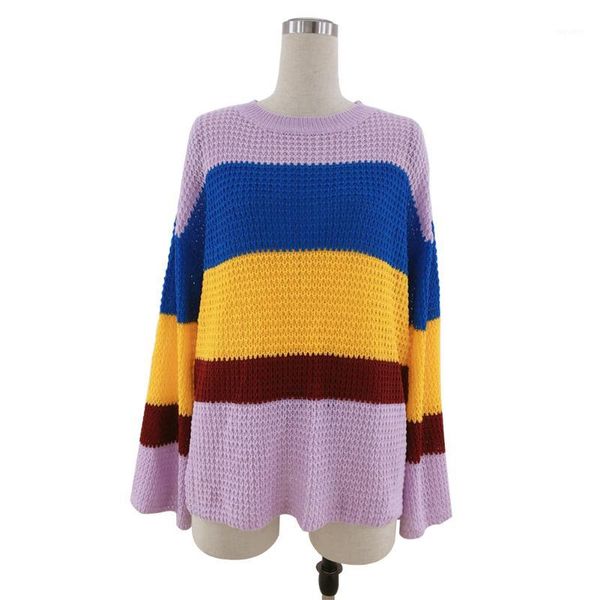 

kintting daily rainbow striped streetwear outwear casual women sweater shopping warm autumn winter crew neck long sleeves office1, White;black