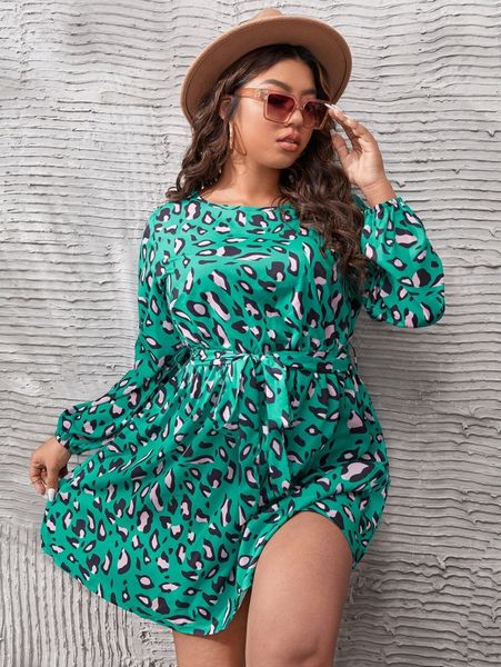 

plus leopard print lantern sleeve belted dress 99zq#, Black