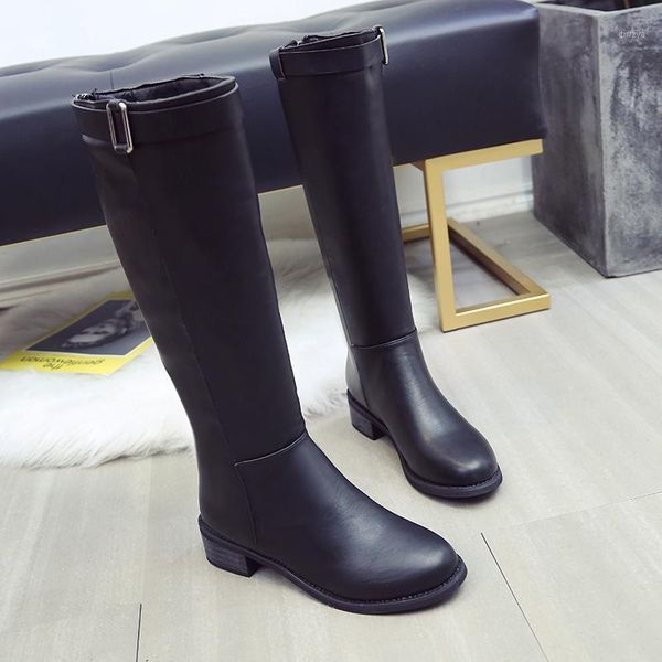 

nice new women knee high boots high heels winter comfort vintage buckle vogue shoes woman ins popular female leisure rain boot1, Black