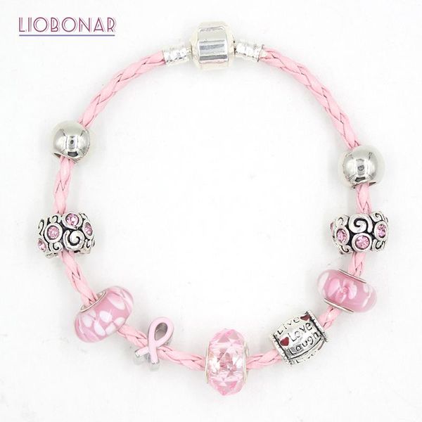 

new arrival awareness jewelry leather rope with live laught love bead breast cancer pink ribbon bracelet for women, Black