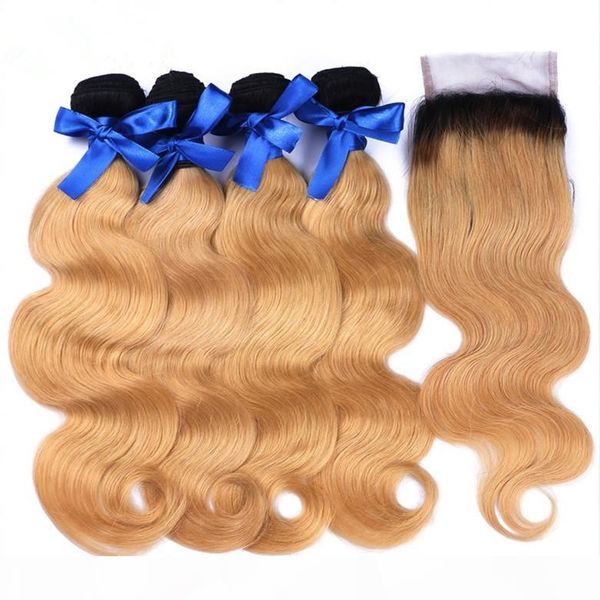 

brazilian ombre human hair 4bundles with closure #1b 27 honey blonde ombre body wave 4x4 lace closure with wefts light brown ombre weaves, Black;brown