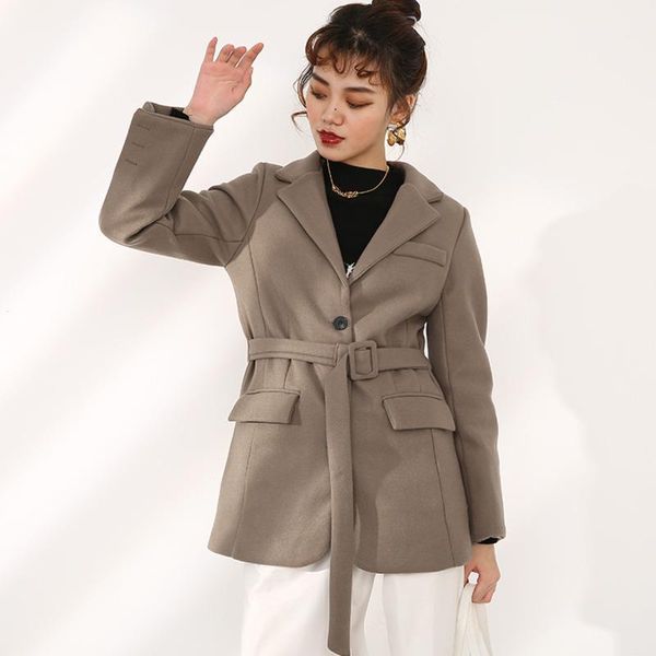 

ewq] 2021 autumn winter chic autumn women turn-down collar single breasted simple woolen coat long sleeve suit black jacket1