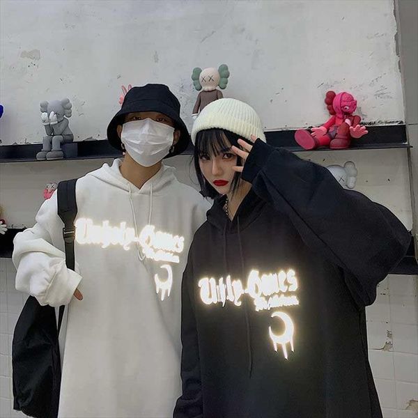 

женщины человек улица негабаритная луна с капюшоном графическая буква светоотражающая толстовка пуловер толстовки harajuku punk hip hop k, White