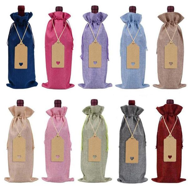 

10pc 15*35cm rustic jute burlap wine bags drawstring wine bottle covers reusable bottle wrap gift package bags