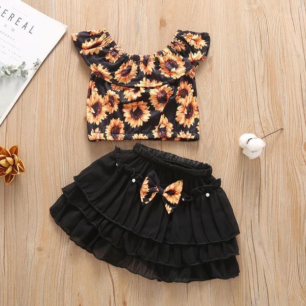 

clothing sets 2021 baby girl dress spring summer toddler girls clothes set sunflowers off shoulder +tulle ruffle skirt set1, White