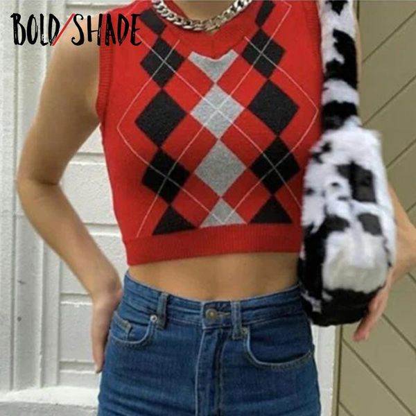 

bold shade streetwear 90s vintage argyle sweater vest grunge v-neck knitting crop women sleeveless indie aesthetic pullover, White;black