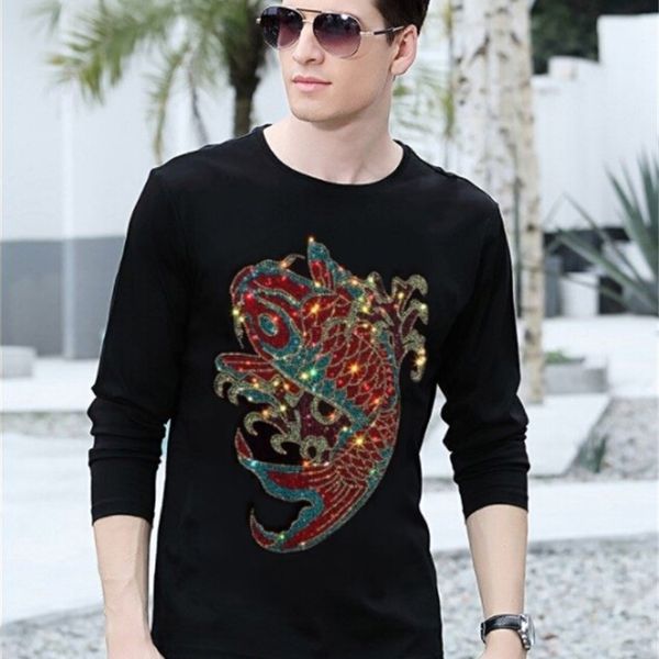 

style autumn european and winter new carp long sleeve rolled man t-shirt personality big diamond inlaid bot ym26, White