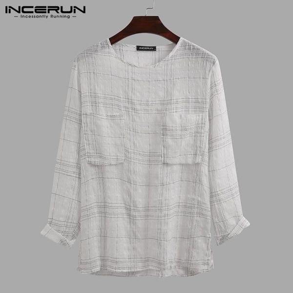 

men's t-shirts incerun vintage men plaid t shirt thin breathable round neck 2021 loose camisetas pockets streetwear cotton casual, White;black