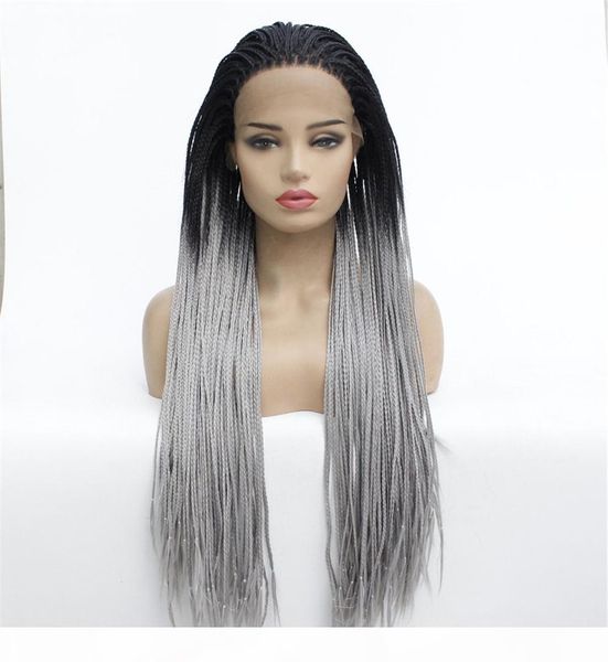 

ombre color micro braid wig black synthetic lace front wig heat resistant fiber braided box braids wig for black women
