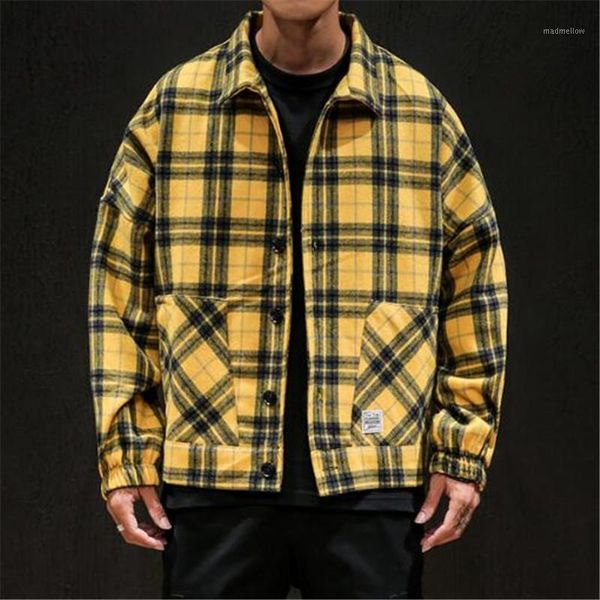 

men's wool & blends xiu luo 2021 winter men's yellow black plaid jackets woolen outwear japanese streetwear man casual slim coats