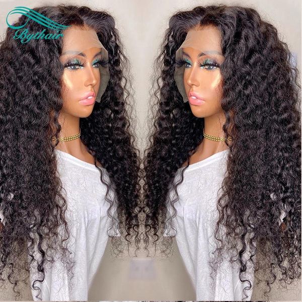

bythair deep curly lace front human hair wigs pre plucked hairline brazilian virgin hair full lace wig with baby hair natural color, Black;brown