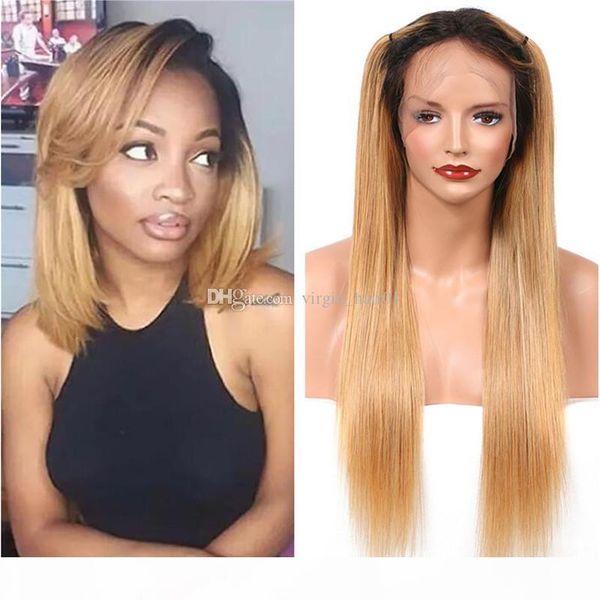 

virgin hair ombre brazilian hair lace front wig 1b 27 straight human hair wigs glueless full lace straight wig, Black;brown