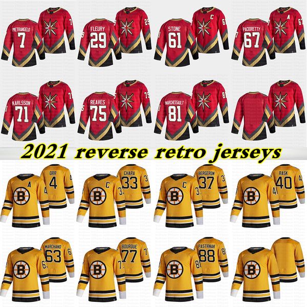 

2021 reverse retro jerseys 37 bergeron 88 david pastrnak 4 bobby orr 29 fleury 75 reaves 71 karlsson 61 mark stone hockey jersey, Black;red
