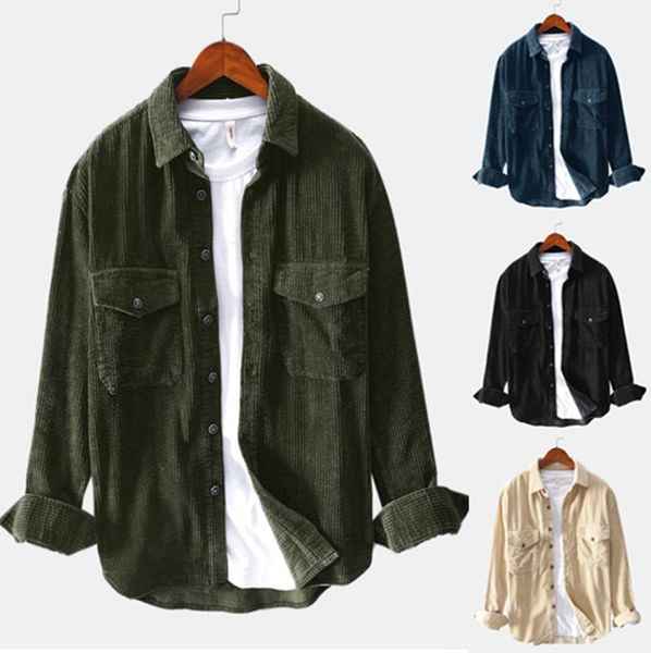 

mens winter long sleeve corduroy turndown collar shirts harajuku casual blouse shirts streetwear slim fcamisa masculina lj200925, White;black