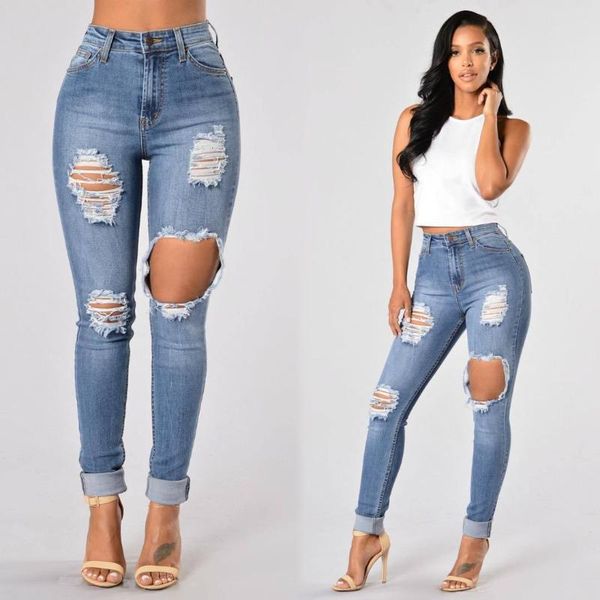 

women's jeans skinny hole ripped pencil boyfriend beggar pants legging elastic female high waisted denim trousers 2xl 2021, Blue