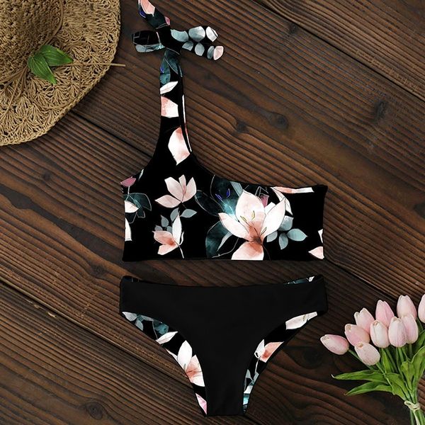 

bikini women swimwear push up swimsuit one shoulder print brazilian bikini set biquini bathing suit beach swimming suit t200508, White;black
