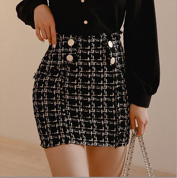 

double breasted tweed plaid mini skirt women vintage autumn winter female skirt elegant package hip office lady short, Black