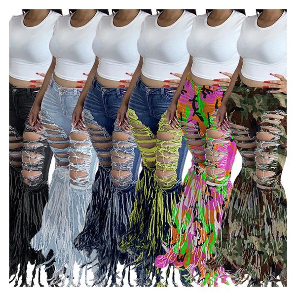 

womens summer casual street mid waist zip up button pocket distressed ripped fringed brushed long flared jeans, Blue
