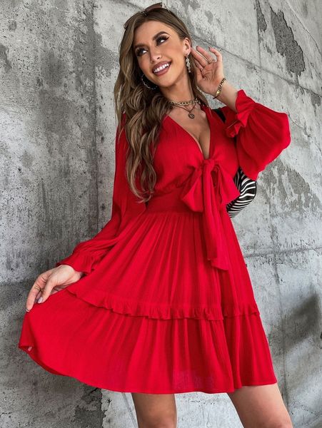 

knot bust ruffle hem flounce sleeve dress e3ob#, Black;gray