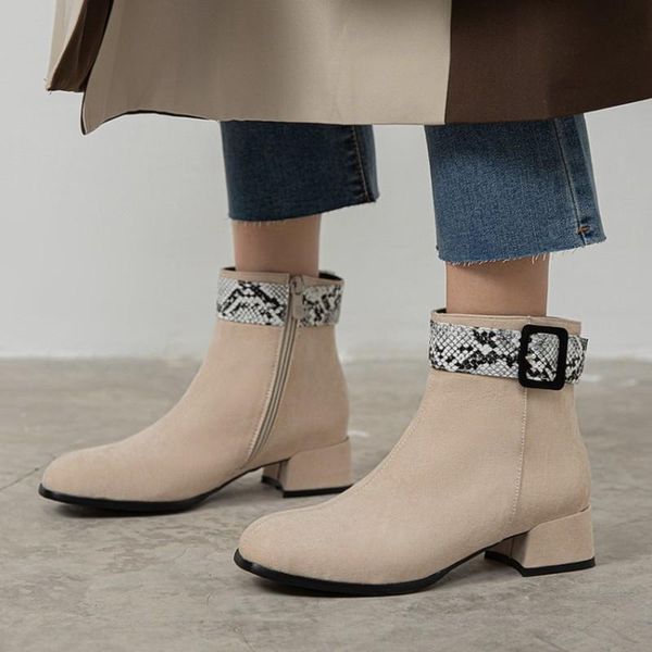 

snake pattern buckle ankle boots fashion women's boots round toe thick med heels shoes woman zip female flock 2020 spring, Black