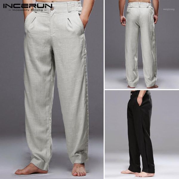 

incerun men leisure pantalones men fashion straight pants solid color loose joggers casual comfortable button trousers plus size1, Black