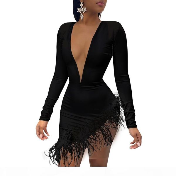 

women solid plunge fluffy irregular party dress irregular bodycon mini dress fashion casual style black and white, Black;gray