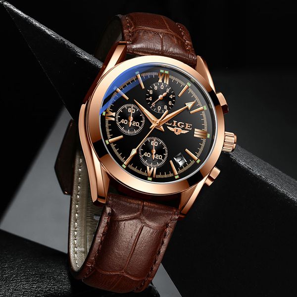 

2020 lige watch men sport quartz fashion leather clock mens watches brand luxury waterproof business watch relogio masculino t200409, Slivery;brown