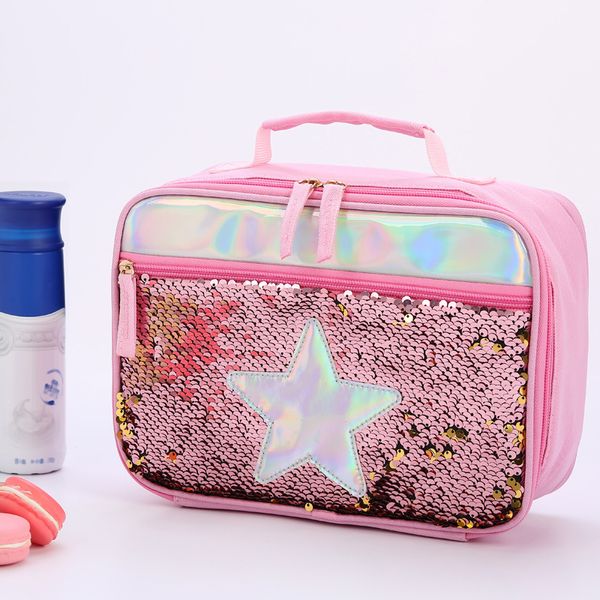 Di alta qualità impermeabile Reverse Paillettes isolato Kid Ragazze Lunch Box Glitter Tote Bag Cooler Picnic Pouch per il cibo 201015