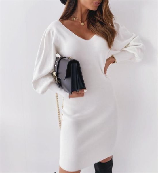 

women autumn pencil dress hollow out design lace decor see through v-neck lantern long sleeve solid slim hips mini dress, Black;gray