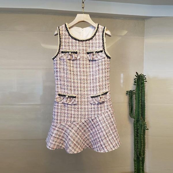 

casual dresses autumn winter plaid tweed dress women's sleeveless round collar pearls weave ruffles tank female woolen mermaid mini, Black;gray