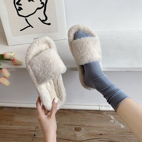 

furry slippers women 2020 new outer wear casual thick bottom open toe autumn and winter home fashion slippers women shoes c1120, Black