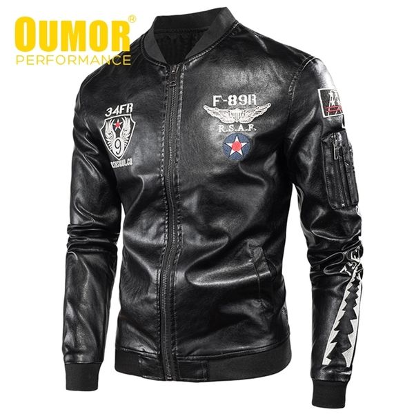 

men autumn new casual motorcycle vintage leather jackets coat men fashion biker us army bomber embroidery pu leather jacket men 201215, Black