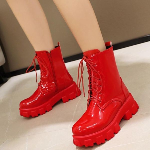 

boots round toe height increasing thick bottom women's ankle fashion side zip anti-slip winter plush lining, Black