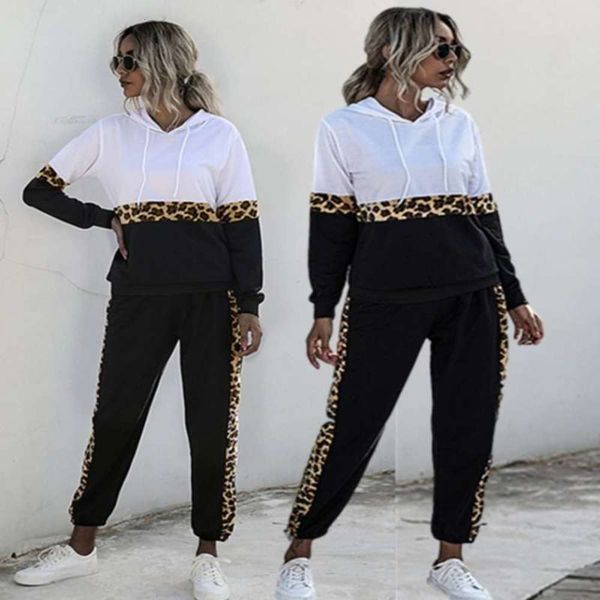 

women's 2020 fashion contrast sports suit autumn winter leopard print hooded sweater casual color matching pants 2-piece set, Gray