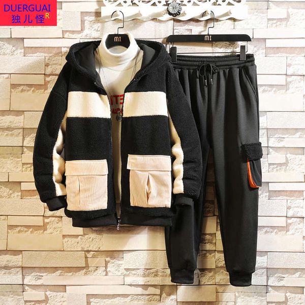 

autumn winter sweater men's fashion lamb wool and cashmere thickened suit, Black
