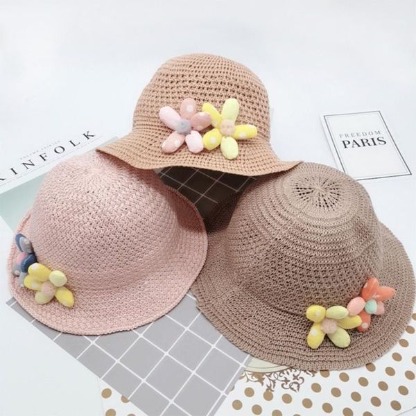 

cute kids caps woven casual handmade wide flat brim straw cap summer hand-woven flower seaside hats for girls1, Yellow